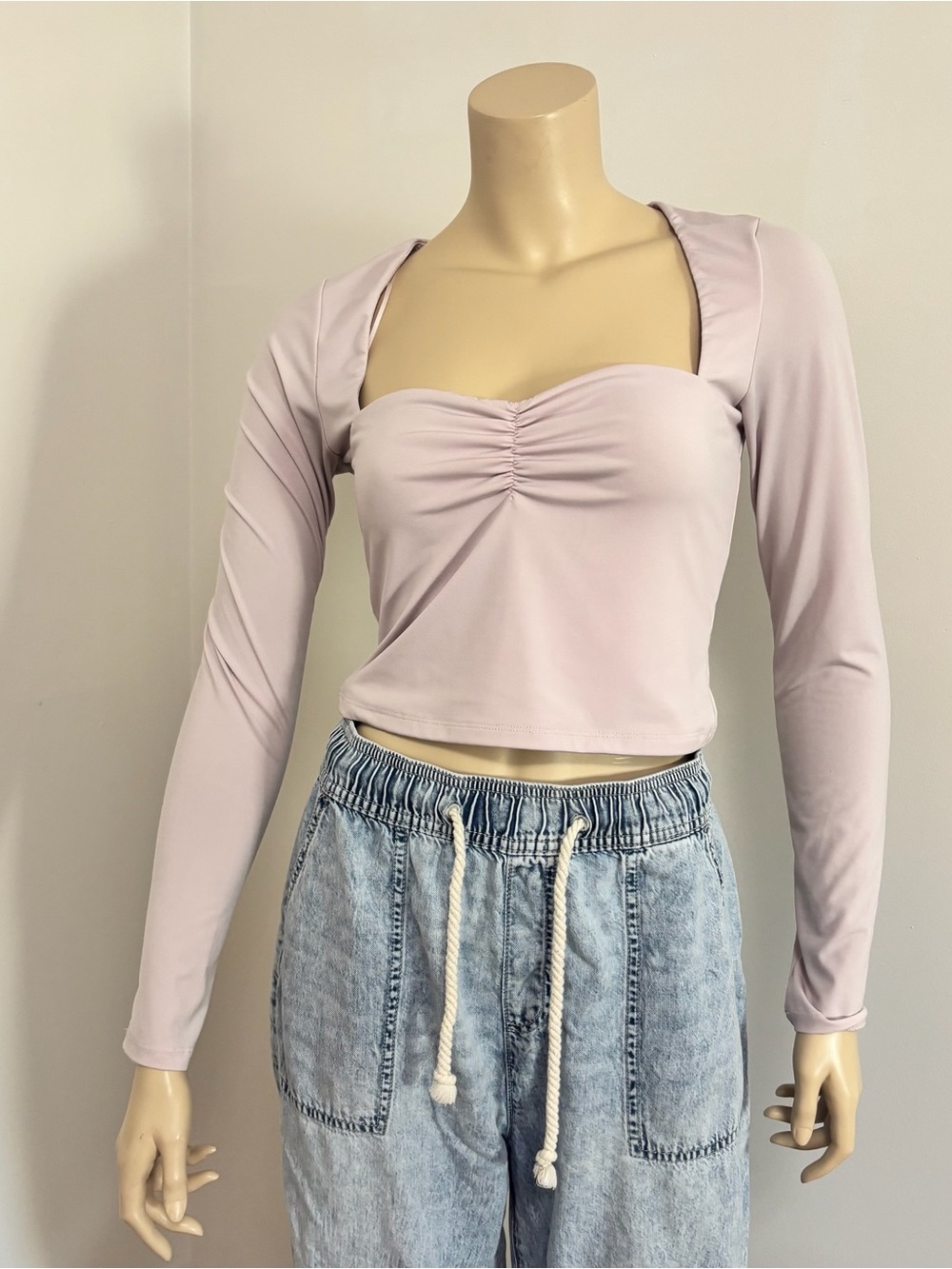 Garage Pale Lavender Ruched Square-Neck Long Sleeve Crop Top